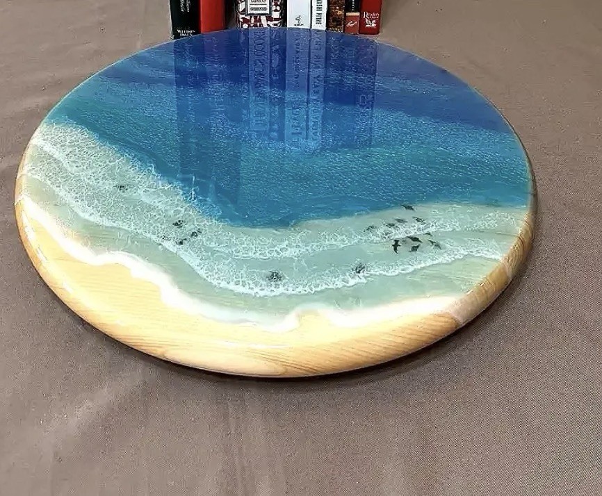 Round Beach Scene Lazy Susan Resin Easy Clean Blue Beige White gallery