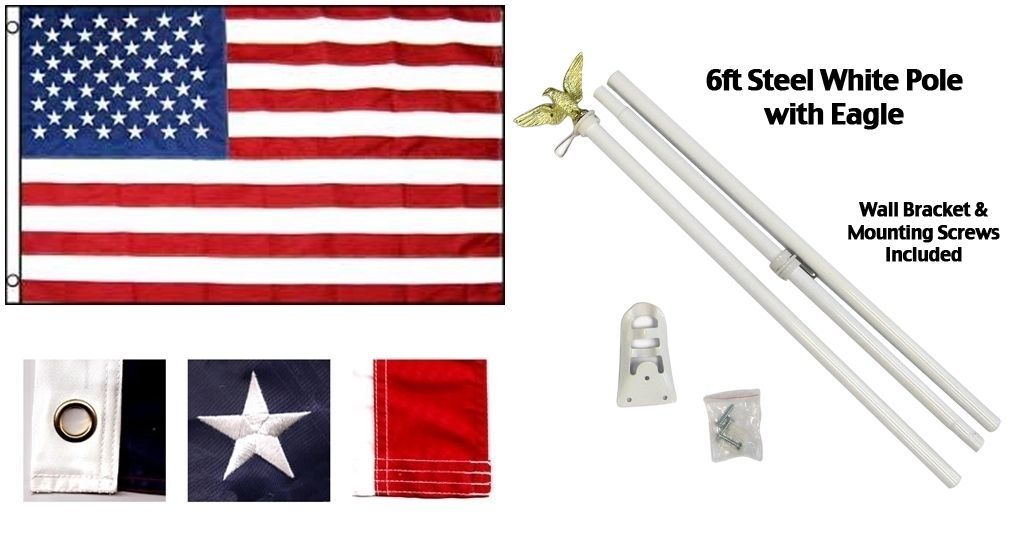 3'x5' US AMERICAN FLAGS Embroidered Nylon Grommets & 6' POLE KIT gallery