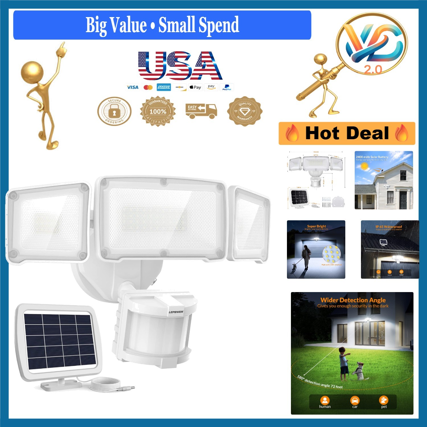 1600LM Solar Security Light Outdoor Motion Sensor Waterproof White 3 Head gallery