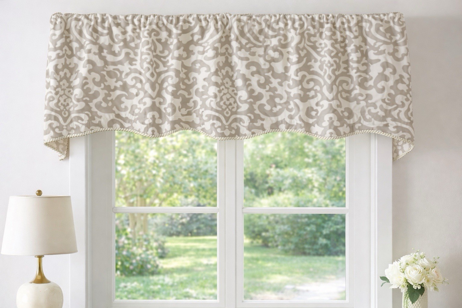 Cotton Geometric Scalloped Valance Beige White Rod Pocket 16 x 54 in gallery