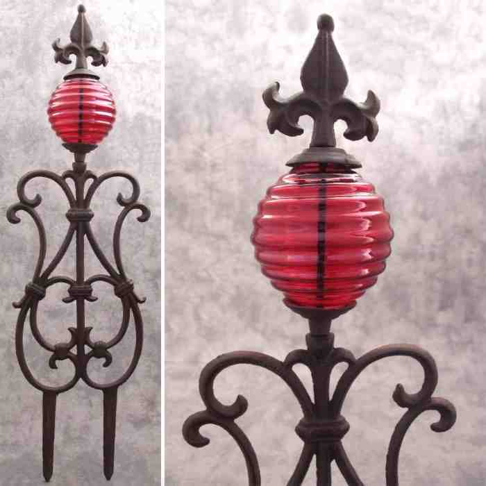 FLEUR-DE-LIS & RED GLASS GLOBE Cast Iron GARDEN STAKE Yard Art Garden Decor gallery