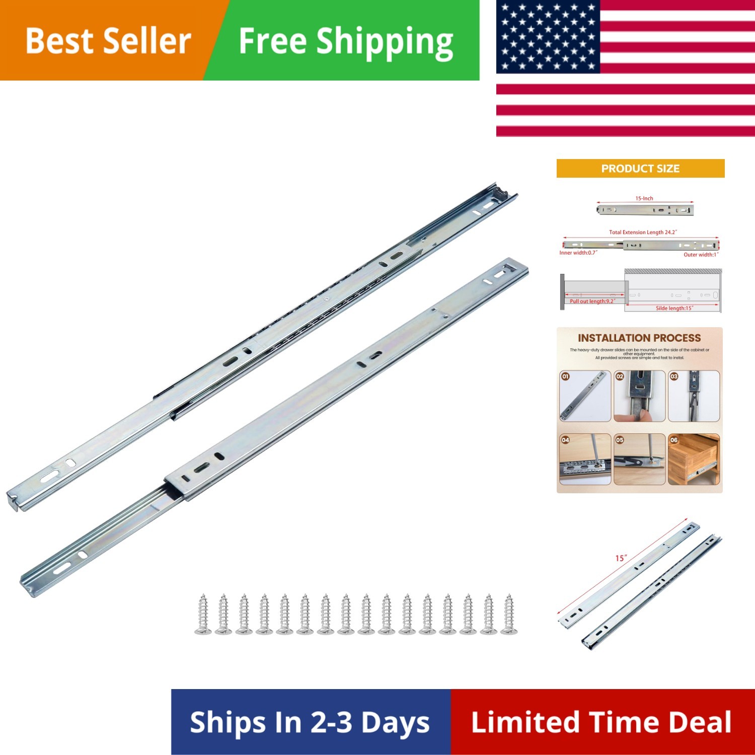 15-Inch Drawer Rails Side Mount Heavy Duty Ball Bearing Rails Runners Extensi... gallery