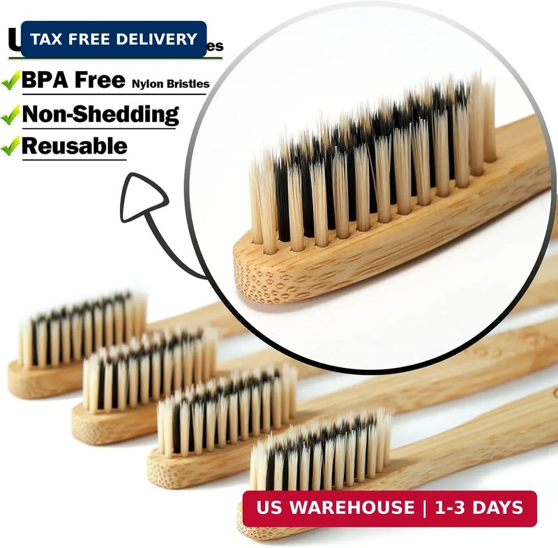 10 Count Bamboo Toothbrush (Soft+Medium) Charcoal Toothbrushes, Natural Wood Too gallery