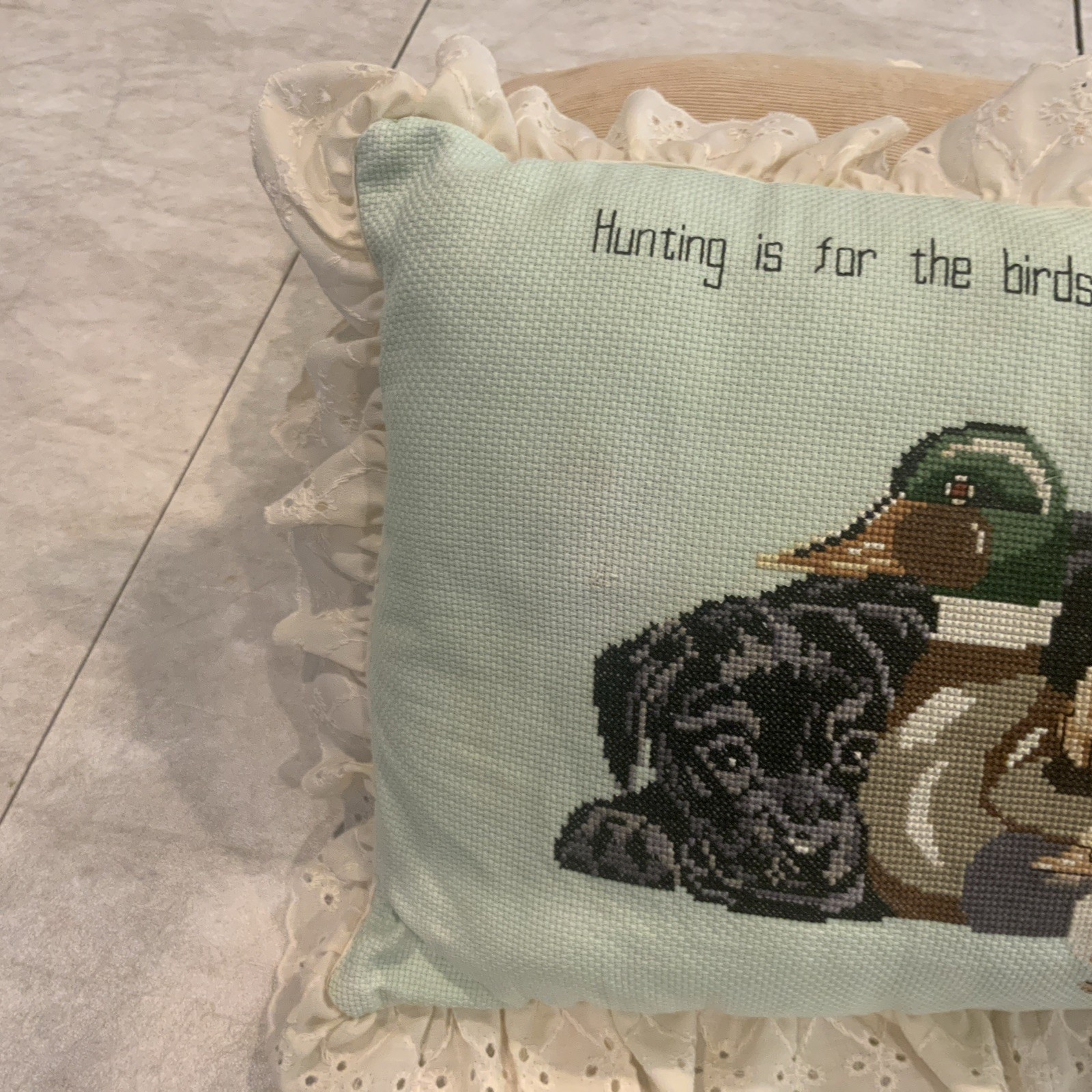 Handmade 16 X 10 “Hunting Is For The Birds” Embroidered Needlepoint Pillow gallery