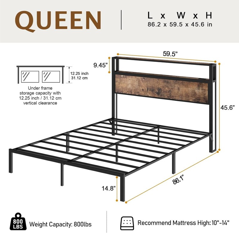 Queen Full Size Bed Frame with Storage Headboard &Charging Station＆ LED Lights gallery