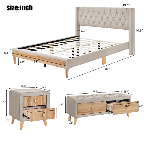 Full Queen Size Bedroom Sets Upholstered Platform Bed Frames Nightstands Bench gallery
