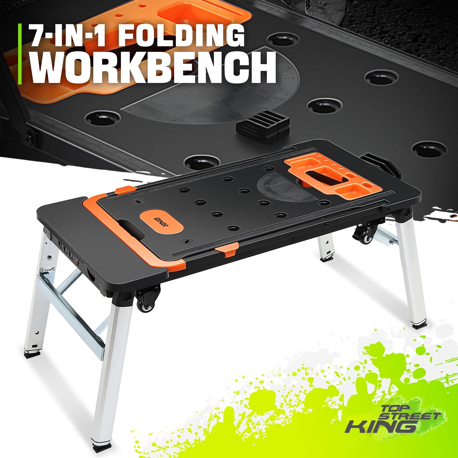 Orange 7-In-1 Multifunctioanl Adjustable Foldable 220LB Work Bench w/ 4 Wheels gallery