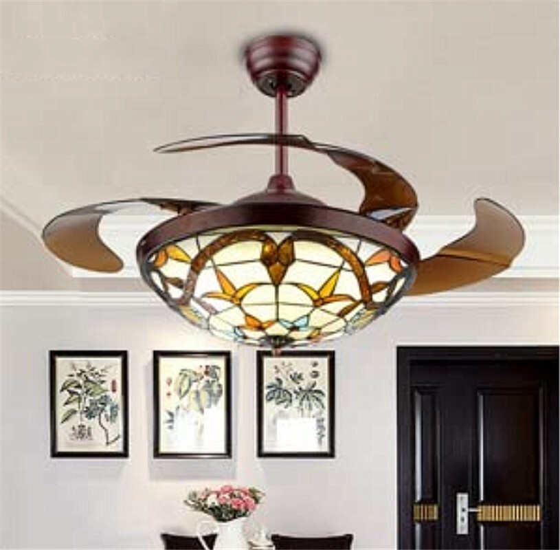 42" Tiffany Invisible Ceiling Fan LED Chandelier 3-Color Lamp Lighting +Remote gallery