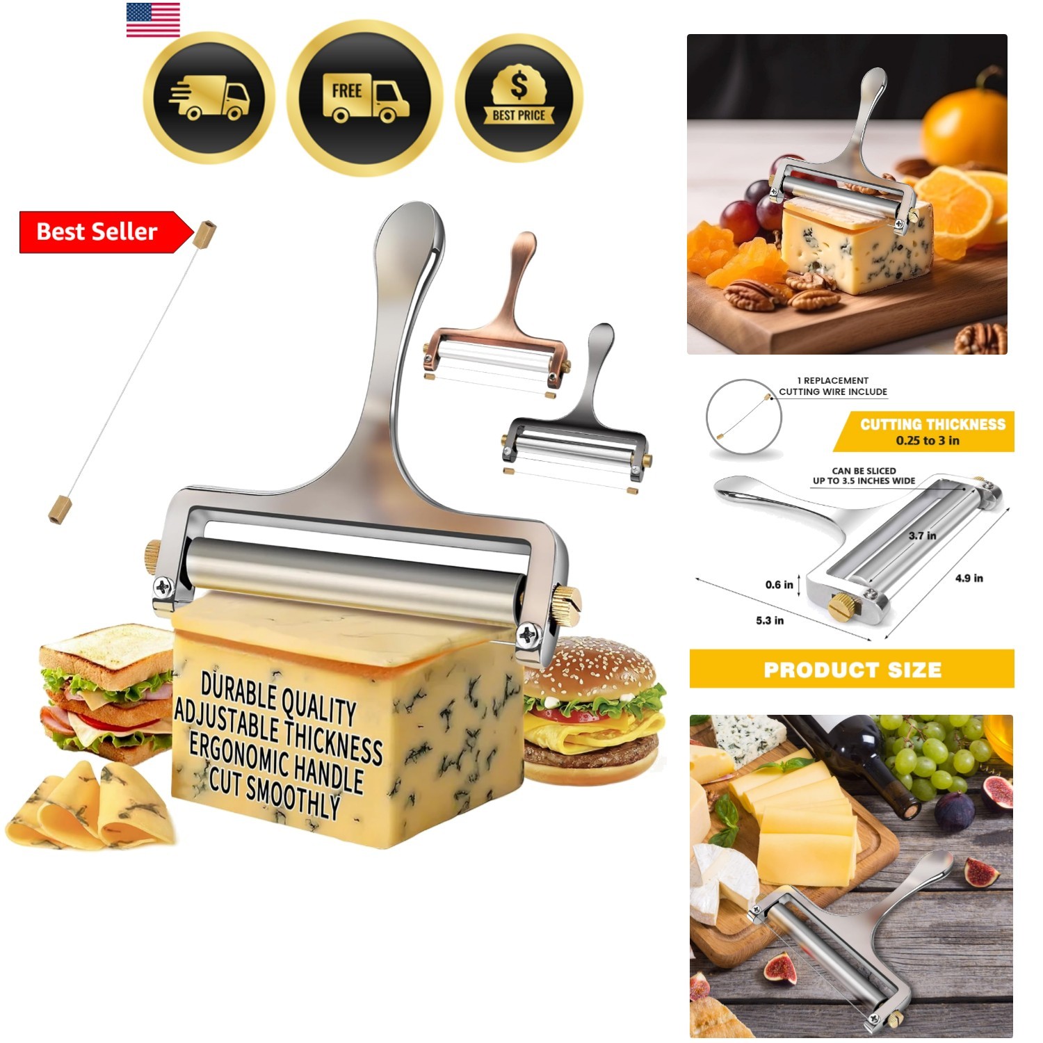 Cheese Slicer Stainless Steel Cutter with Adjustable Thickness Extra Wire gallery