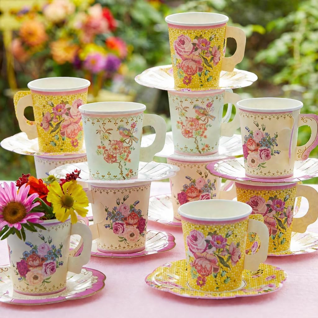 Vintage Floral Disposable Tea Cup & Saucer Set for Special Occasions, 24 Ct gallery