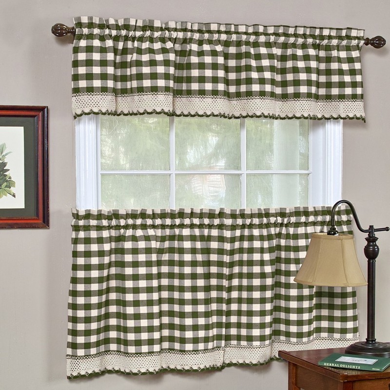 Sage Checkered Plaid Gingham Kitchen Window Curtain Drapes Panel Valance Shade gallery