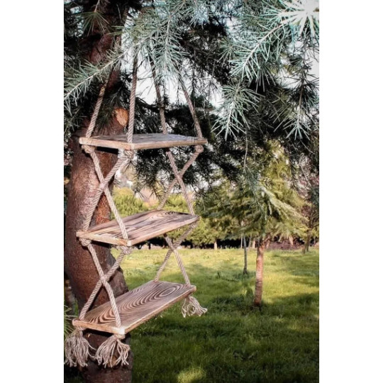 Hanging 3 Tier Rope Wall Window Planter Floating Shelves, Wood Bathroom Shelves gallery