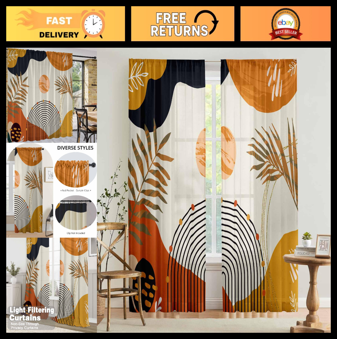 Boho Mid Century Abstract Leaves Curtains 52x84" - 2PC Colorful Geometric Drapes gallery