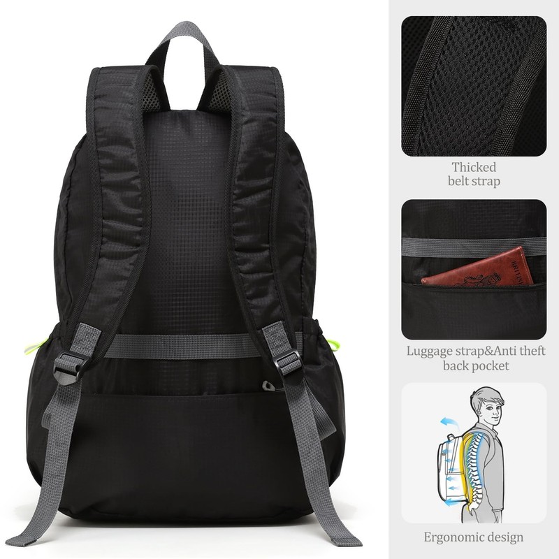 Lightweight Packable Travel Backpack, 30L Black Daypack Hiking Backpack for W... 5