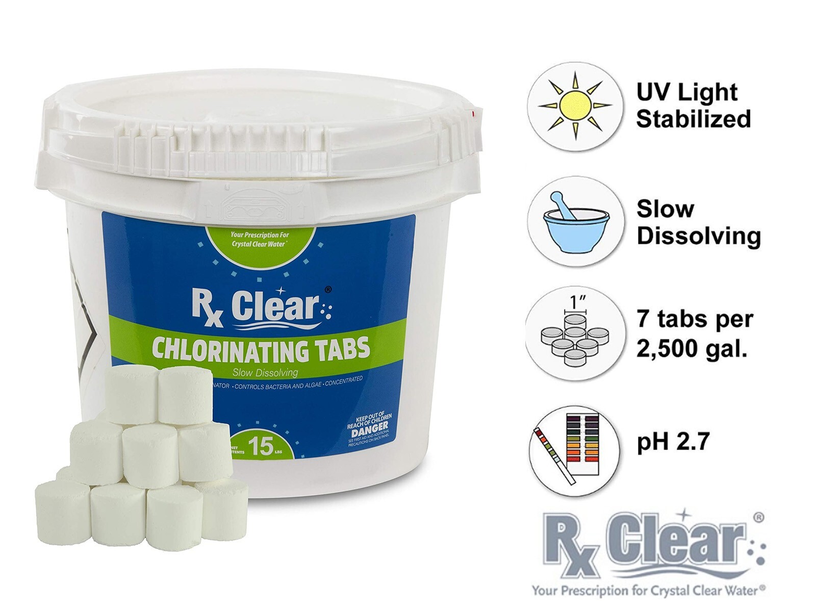 Rx Clear 1 Inch 99% Trichloro Stabilized Swimming Pool Chlorine Tablets - 15 lbs gallery