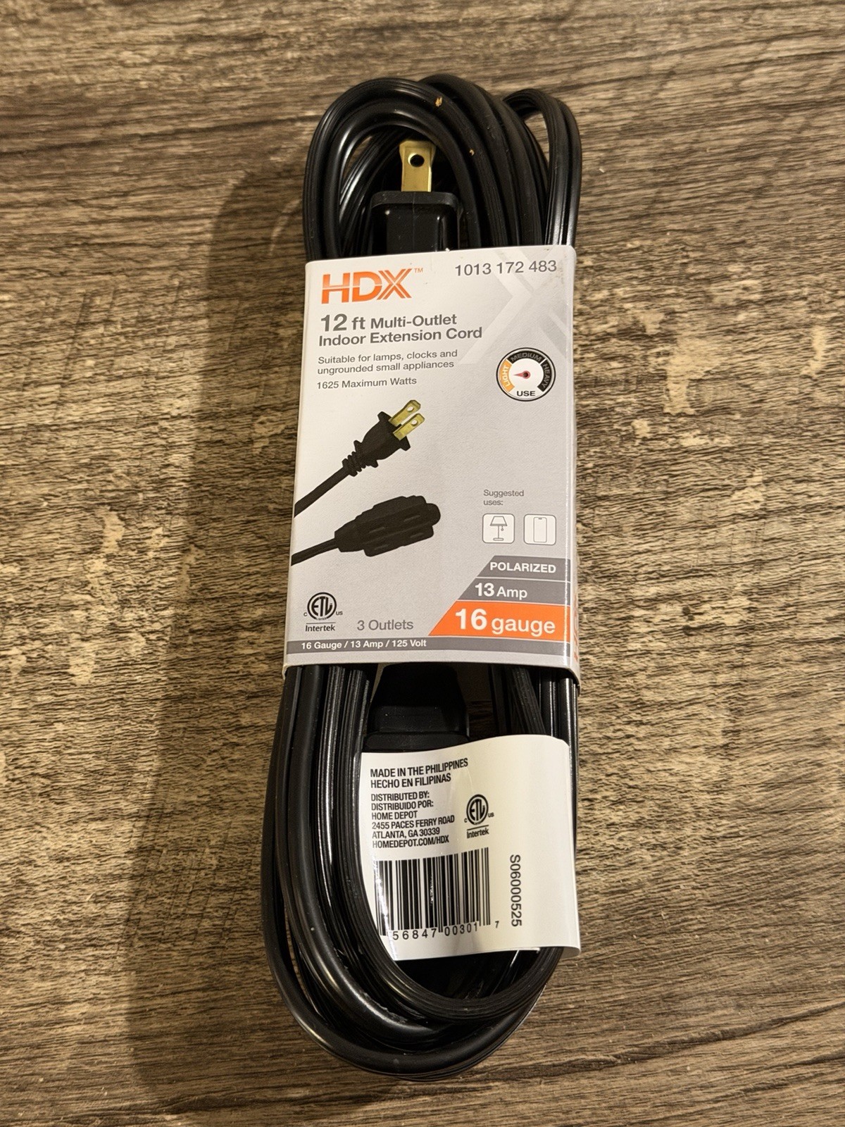 HDX 12 ft Heavy Duty Polarized Extension Cord, 3 Outlets, 13A, 1625W, Black gallery
