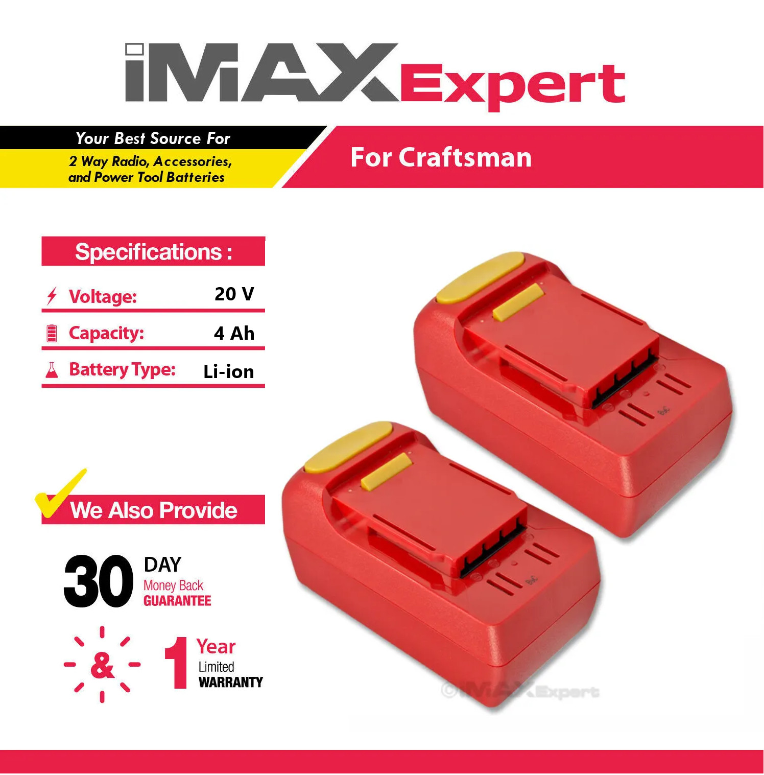 2x 20V 4Ah Li-ion Battery for Craftsman 26302, 26314, 28128, 25708 gallery