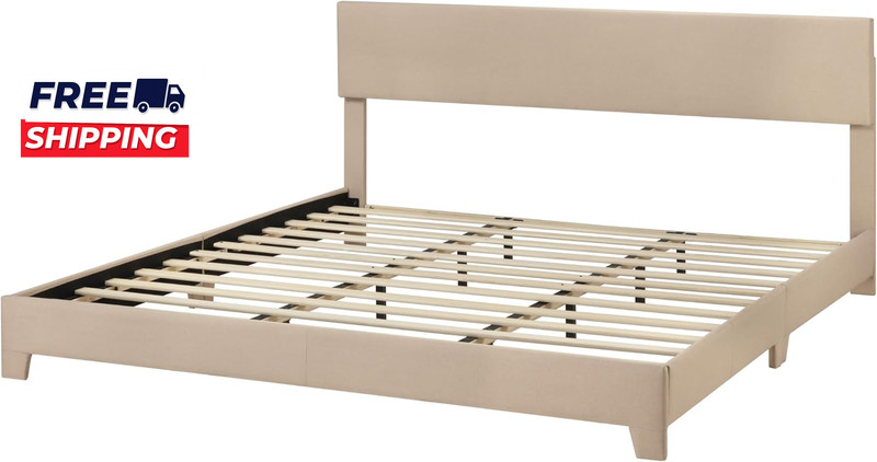 King Size Bed Frame with Adjustable Headboard Upholstered Platform Bed gallery