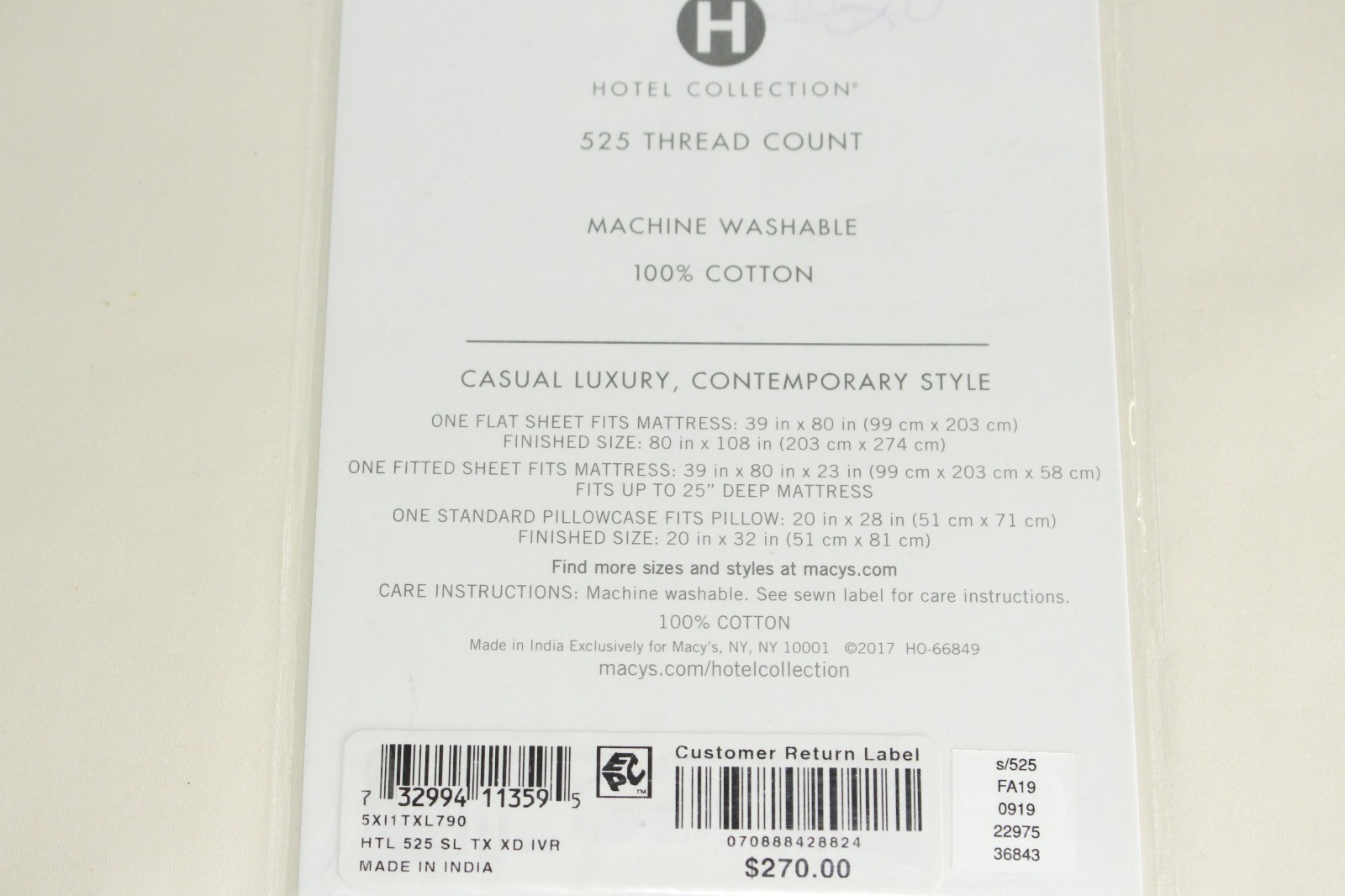 Hotel Collection Twin XL Sheet Set Beige 525 Thread Count 100% Cotton 3-Pc gallery