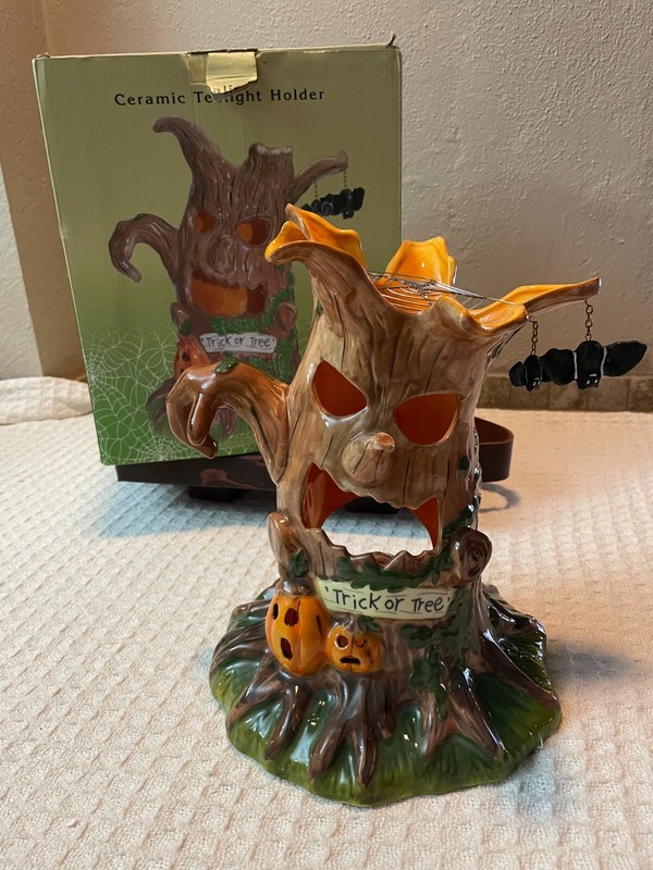 Cracker Barrel Halloween Haunted Tree Candle Holder Luminary Large Ceramic w/Box gallery