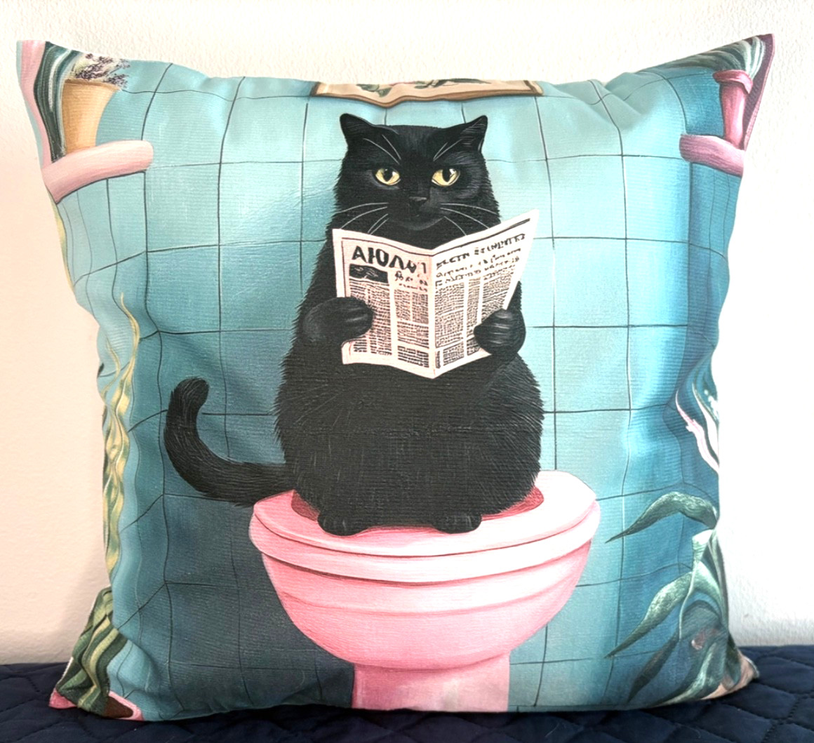 Curious Black Cat Reading Newspaper Pillow Cover – Whimsical Home Decor gallery