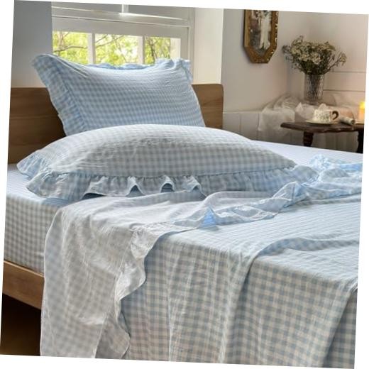 Ruffle Sheet Set, Blue Soft Pre-Washed Microfiber Full Light Blue Gingham gallery