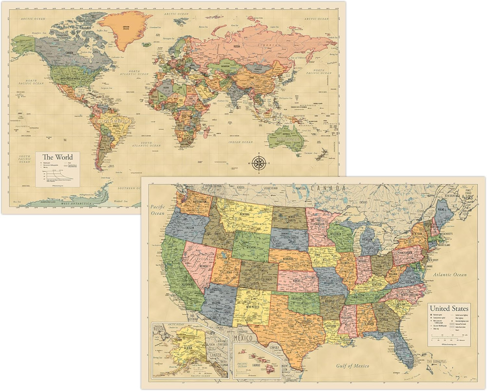 2 Pack - Laminated World Map & US Map Poster Set - Wall Chart Map of the World &