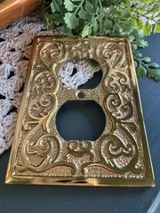 Vintage Brass Socket Outlet Plate Duplex Switch COVER Scrolled Raised Design