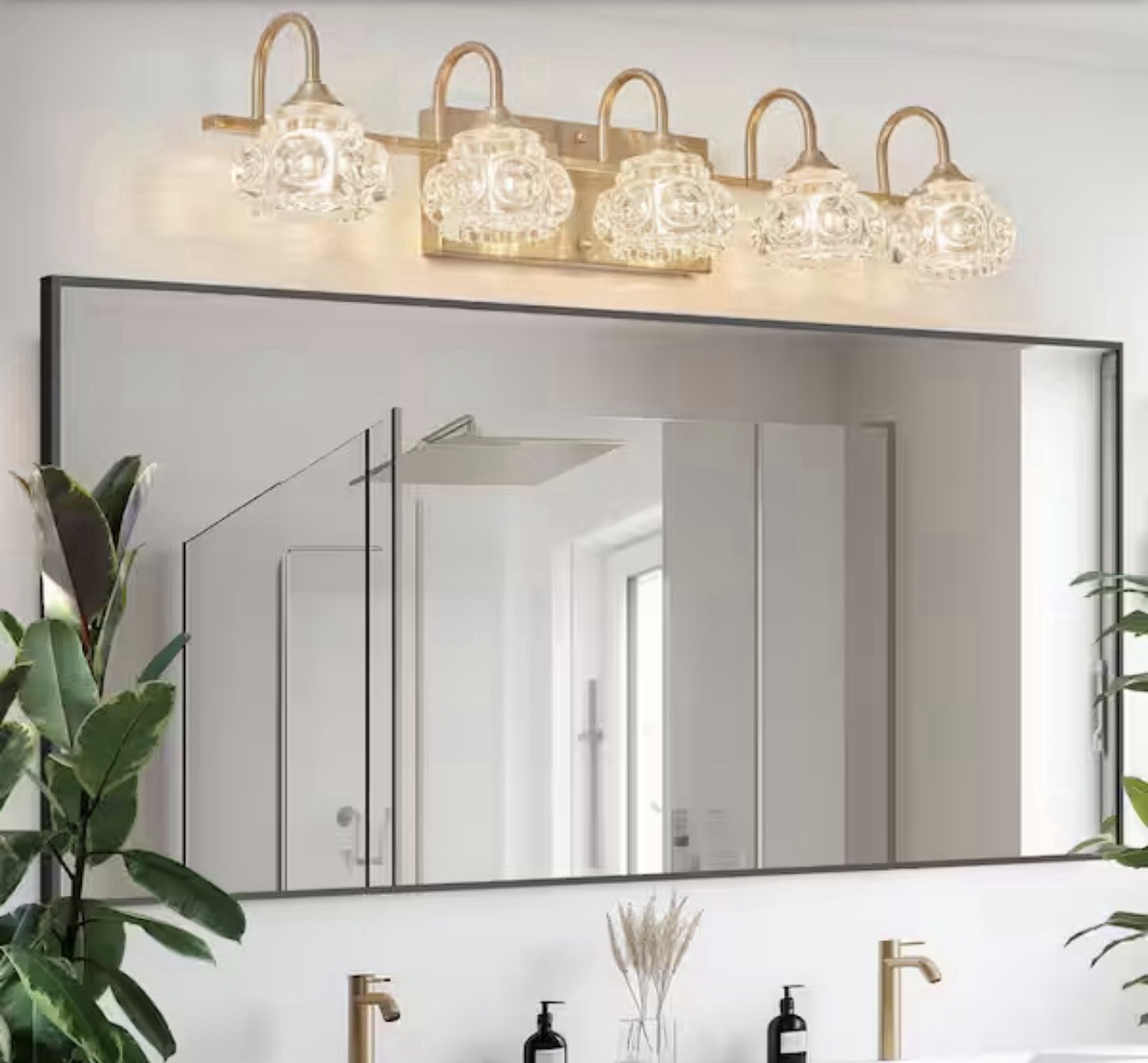 Byteany 29 in. 5-Light Gold Vanity Light with Crystal Glass Shades gallery