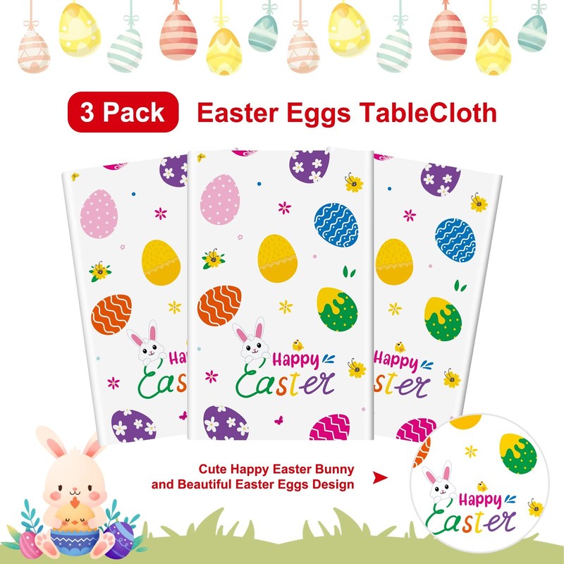 3 Pcs Easter Tablecloth-Happy Easter Bunny Table Cover, Disposable Plastic Re... gallery
