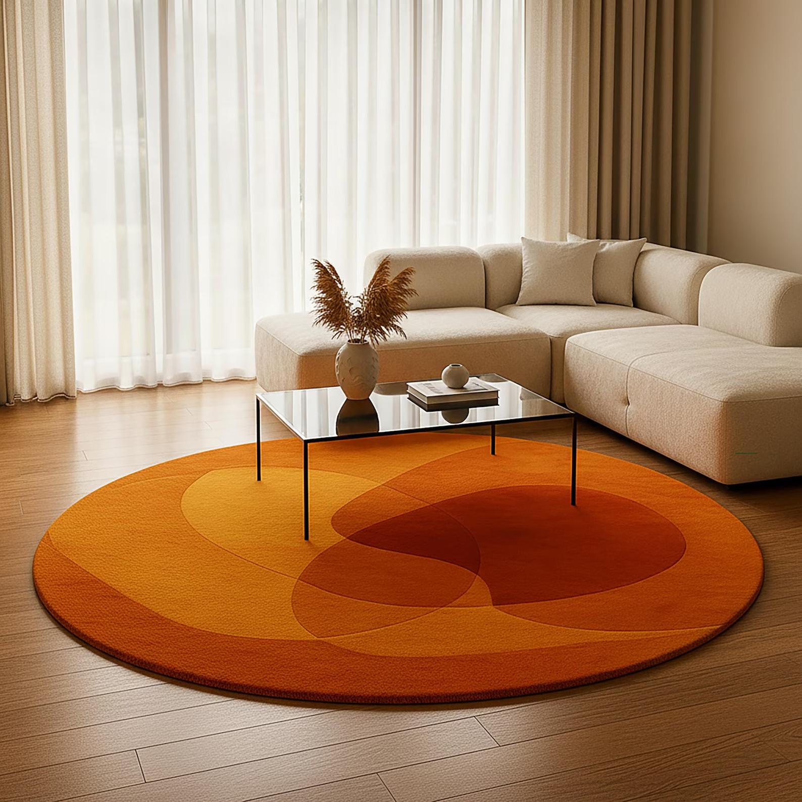 Round Modern Abstract Area Rug – Orange and Amber Overlapping Circle Design gallery