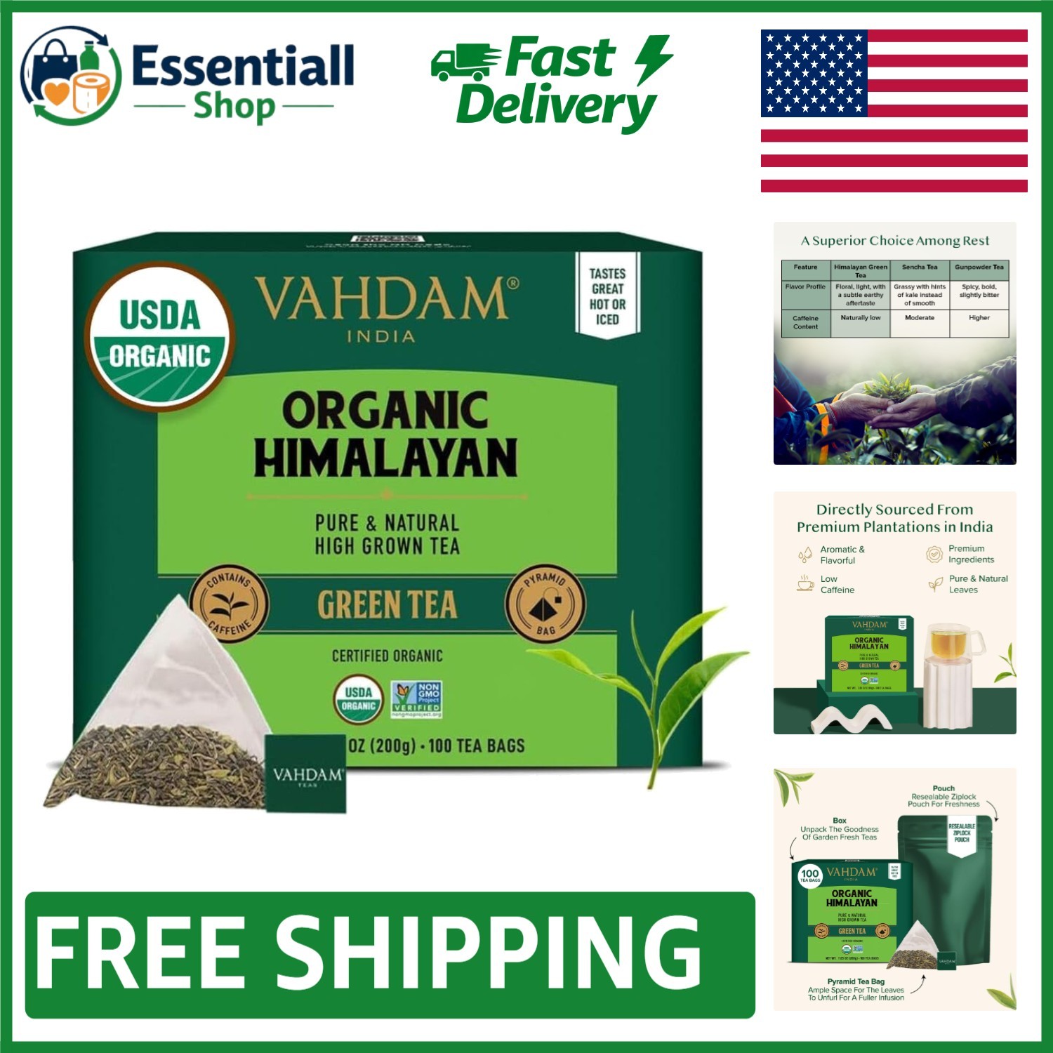 USDA Organic Himalayan Green Tea - 100 Count Pyramid Tea Bags, Low Caffeine gallery