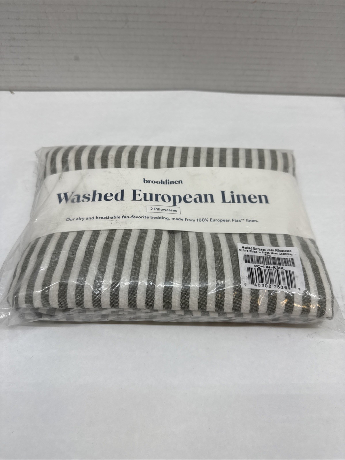Brooklinen Washed European Linen Pillowcases Oxford Stripe Moss Chambray King gallery