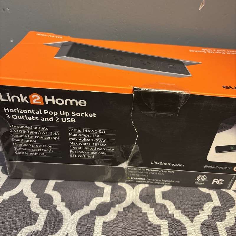 Link2Home Horizontal Pop-Up Socket 3 Grounded Outlets 2 USB & 2 USB NEW gallery