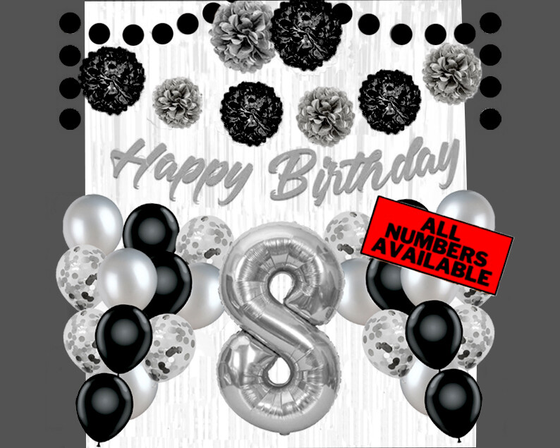 Silver & Black 8th Birthday Decorations - 40" Number Balloons & More Boy or Girl gallery