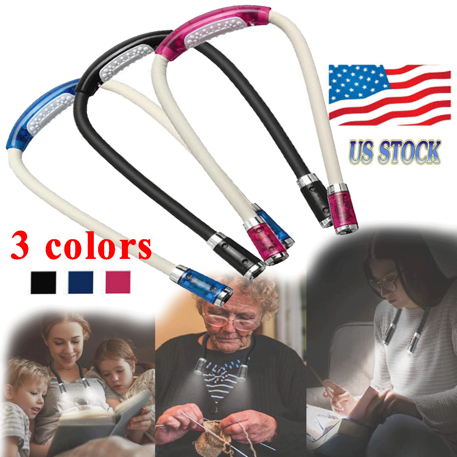 New LED Flexible Handsfree Hug Neck Reading Book Light Lamp Torch Flashlight US gallery