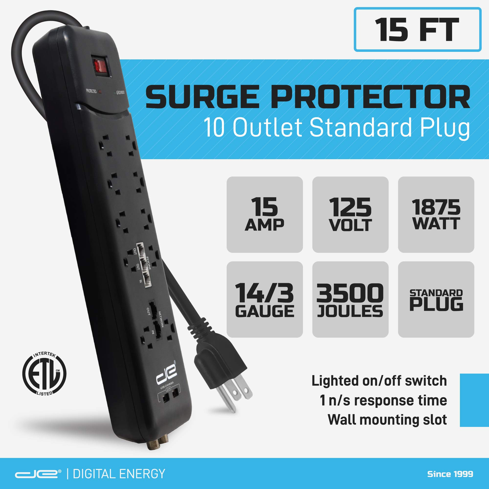 10 Outlet Surge Protector, 15FT, Black gallery