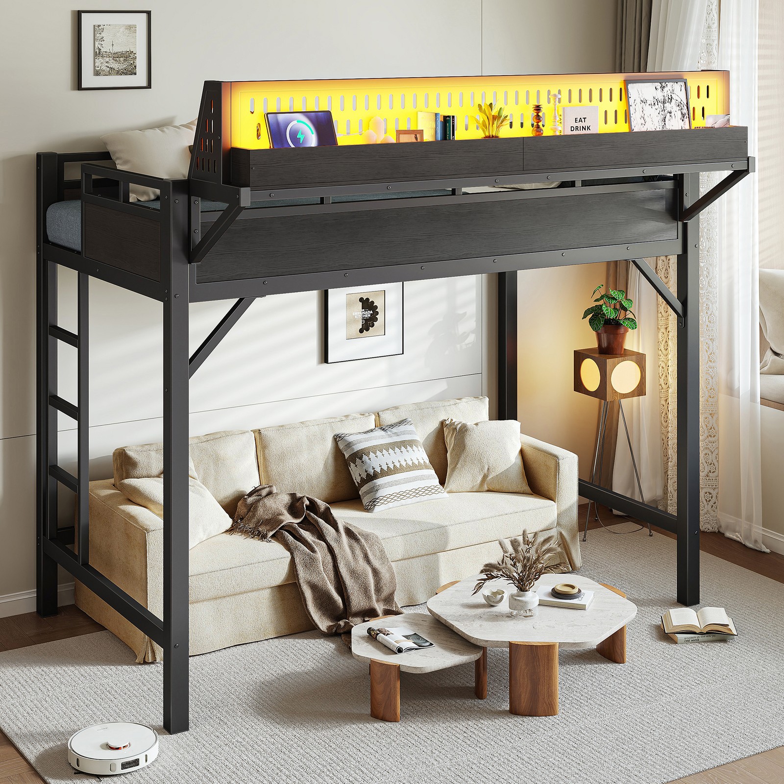 Twin XL Size Loft Bed Frame Storage Shelves, A Pegboard, USB Ports And LEDs gallery