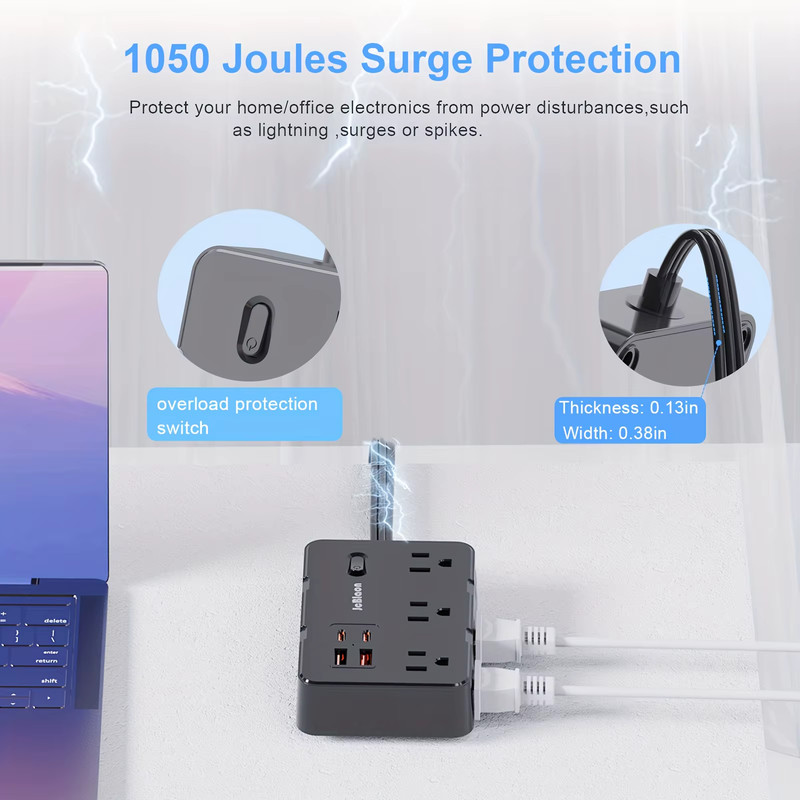 Ultra Thin Flat Plug Extension Cord with 4 USB Ports(2 USB C), 5Ft Surge Protect gallery