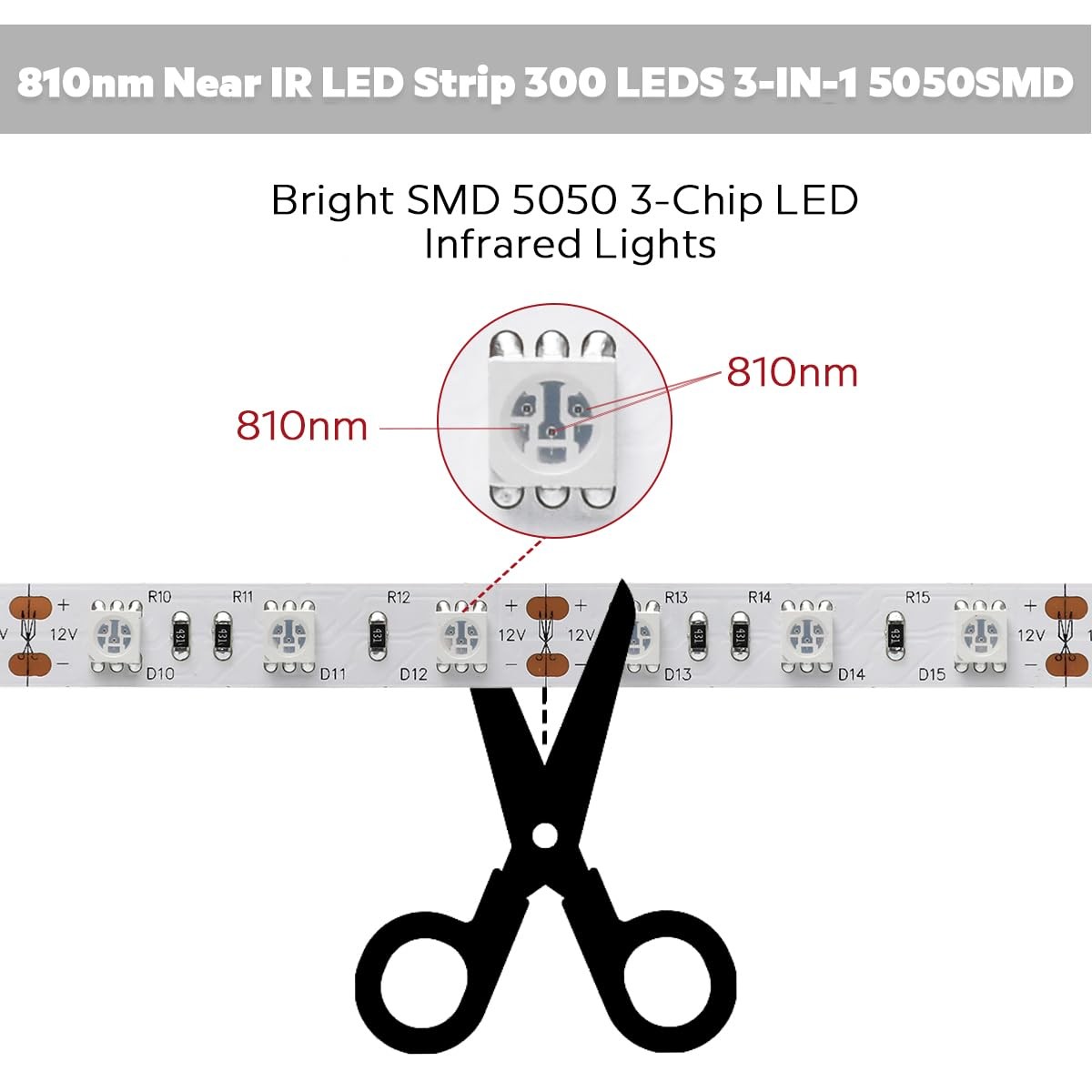 12 Volt 810nm Infrared LED Strip Light, 5m/16.4ft 72W IP20 Non-Waterproof Fle... gallery