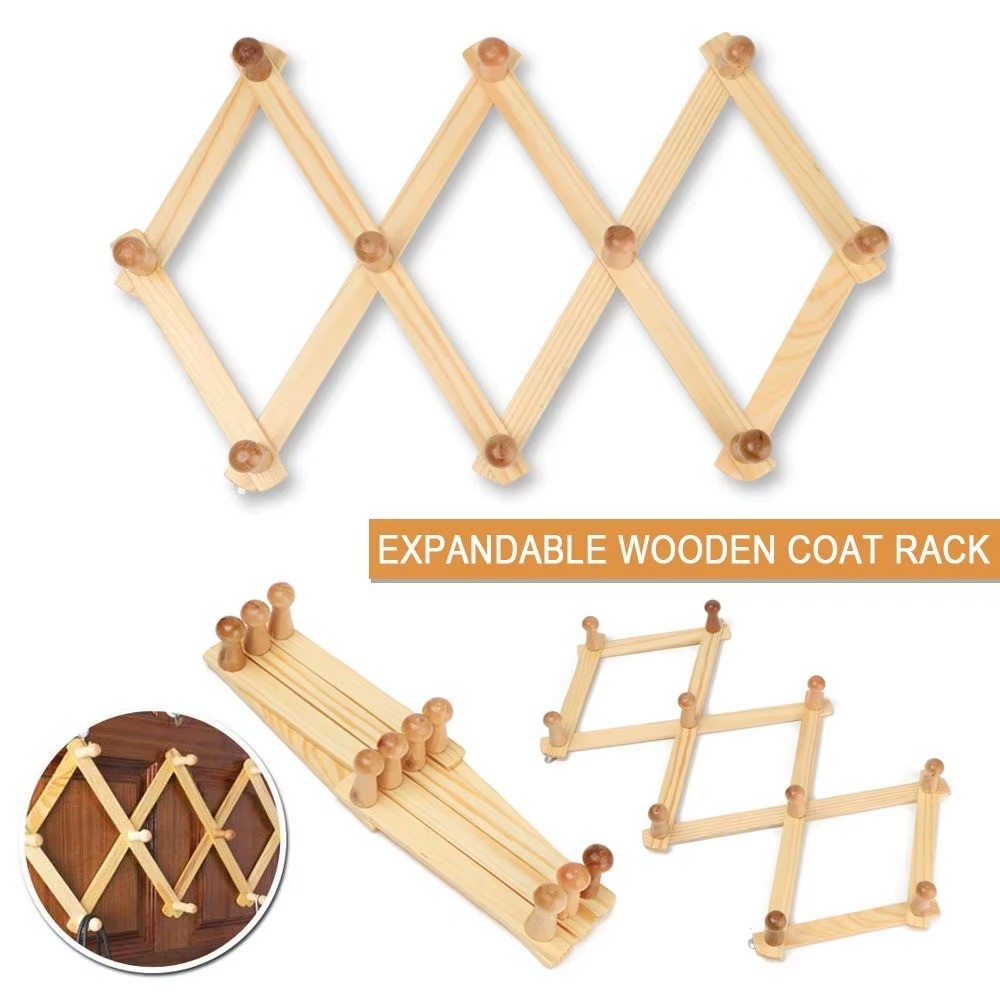 Expandable Wooden Wall Rack 10 Hook Coat Hat Clothe Hanger Folding Accordion Bag gallery