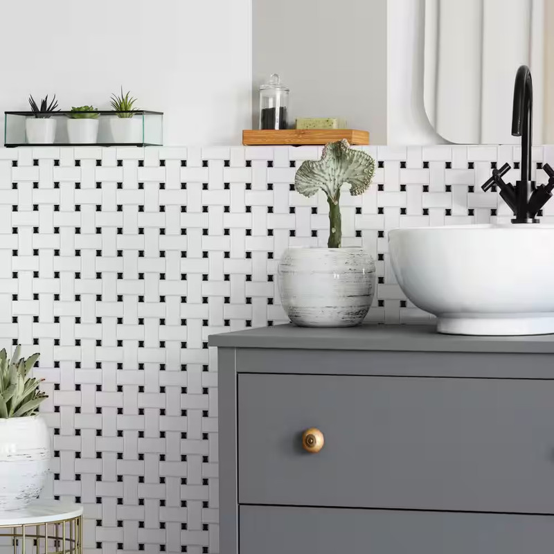 Metro Basketweave White with Black Dot 11-3/4 In. X 11-3/4 In. Porcelain Mosaic gallery