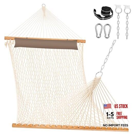 12FT Double Rope Hammocks, 2 Person Hand Woven Natural With Brown Pillow gallery