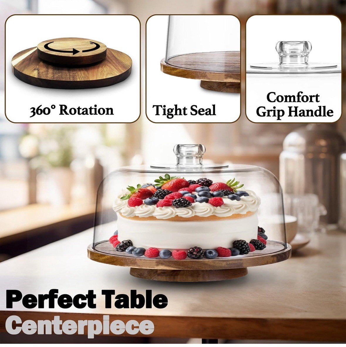 10" Rotating Cake Stand with Acrylic Dome Lid - 360 Degree Acacia Wood Spinni... gallery