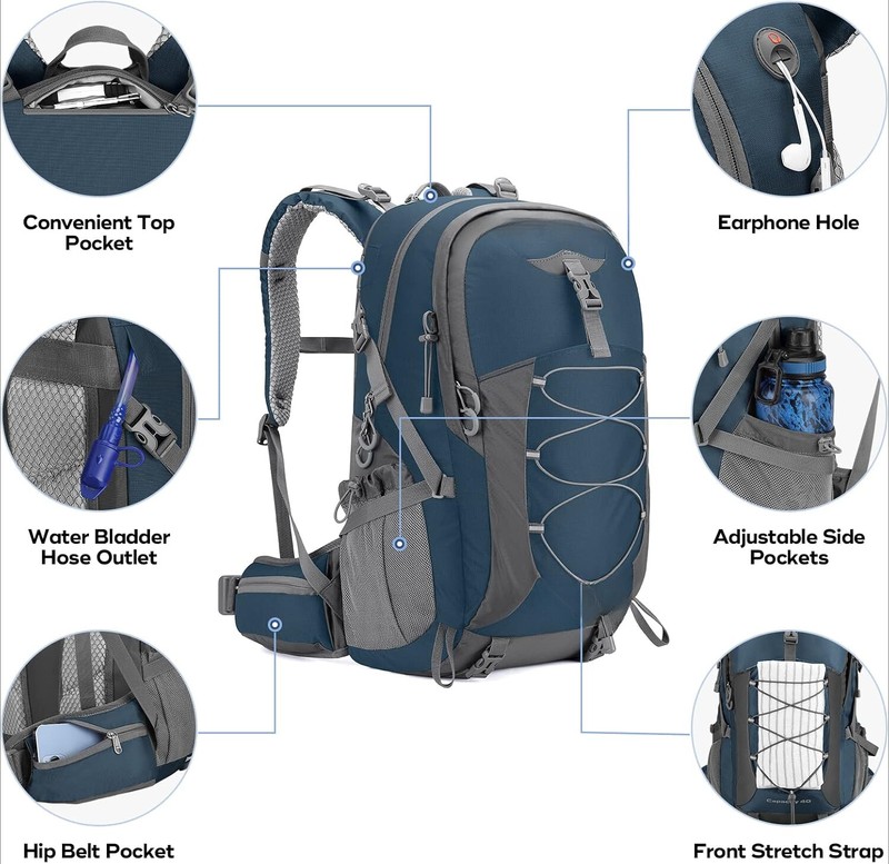 Mountaineering Backpack, 40L Waterproof with Rain Cover, Blue 3