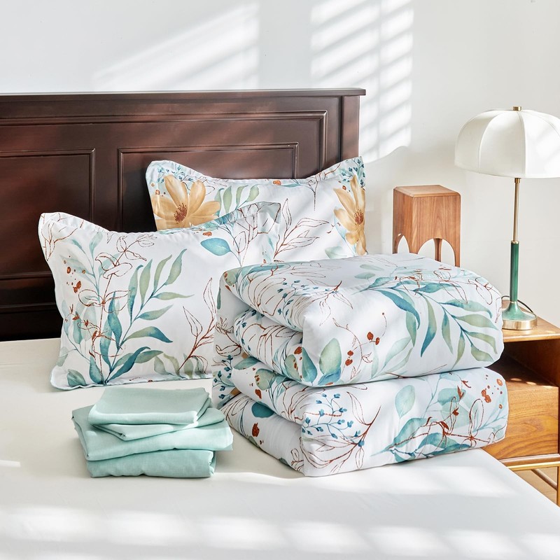 Uozzi Bedding Leaves Comforter Sheet Set White Bed In A Bag 7 Pieces King Size gallery