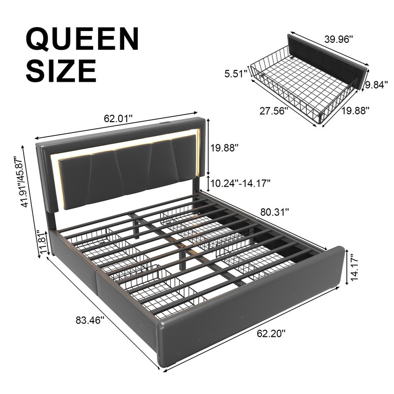 Full Queen Bed Frame with 4 Storage Drawers and Charging&LED Headboard gallery
