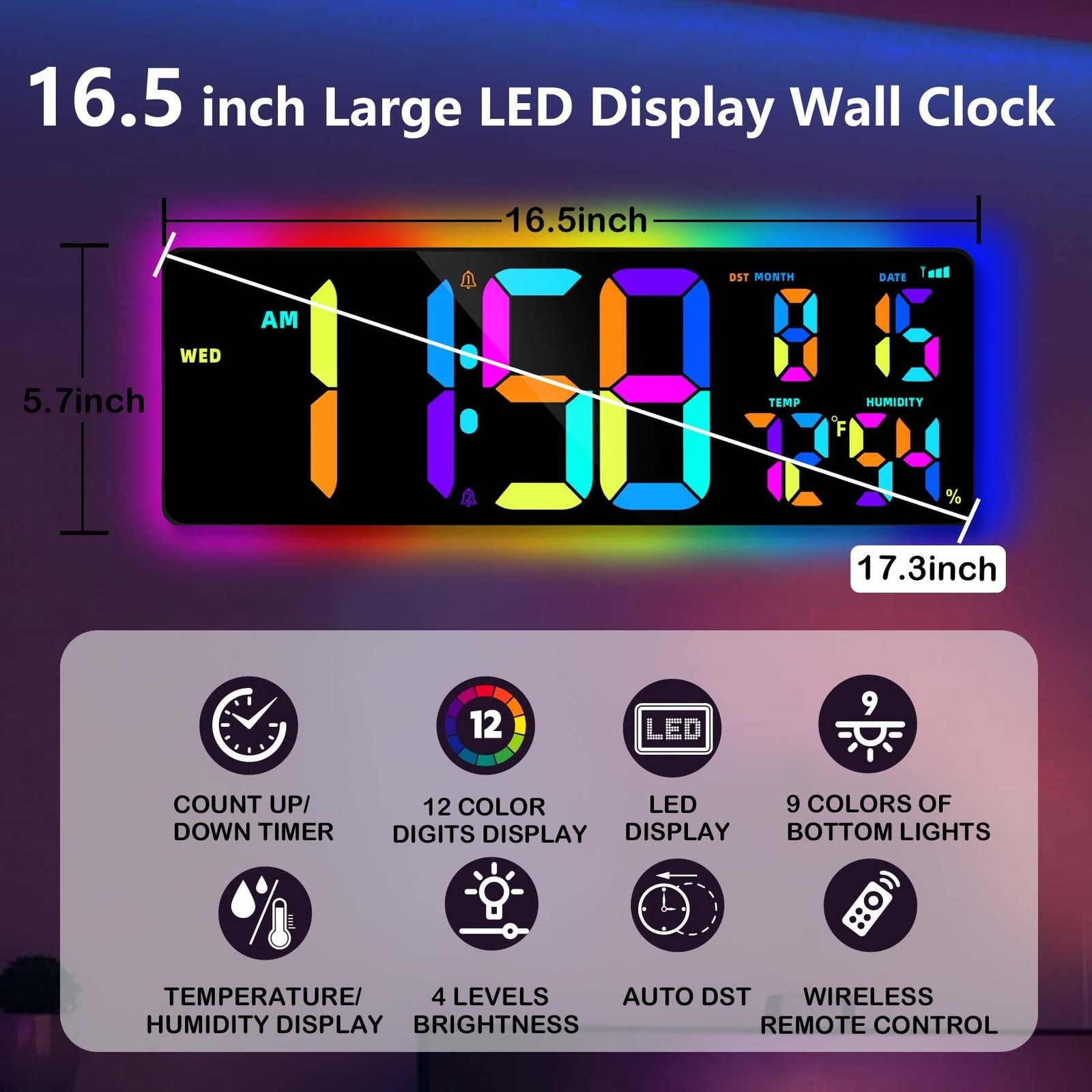 Large Digital Wall Clock 16.5", Count Down Timer, Bluetooth Sync Time, Alarm,... gallery