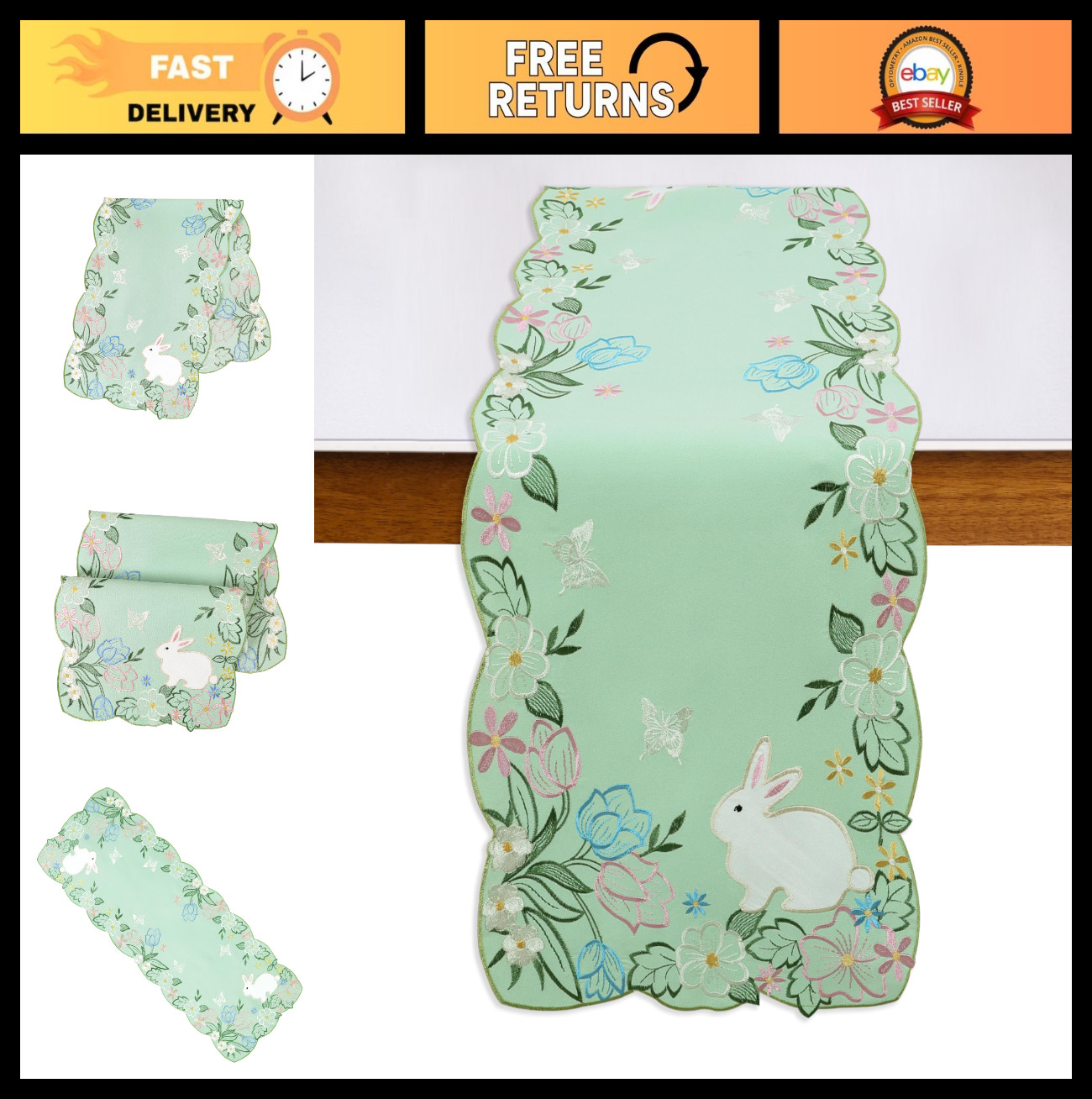 Embroidered Rabbit Floral Table Runner for Easter Home Party Decor, 13x48 gallery