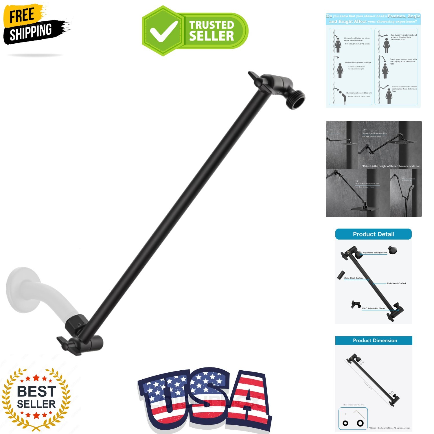 15 Inch Extra Long Adjustable Shower Head Extension Arm With Locking Set Scre... gallery